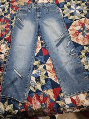 Vintage Phat Farm Men's Light Blue Bootcut Jeans with Distressed Stitching